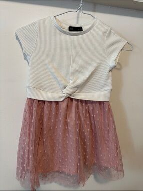 Kids White Ribbed Top with Dusty Pink Tulle Skirt Girls' Dress
